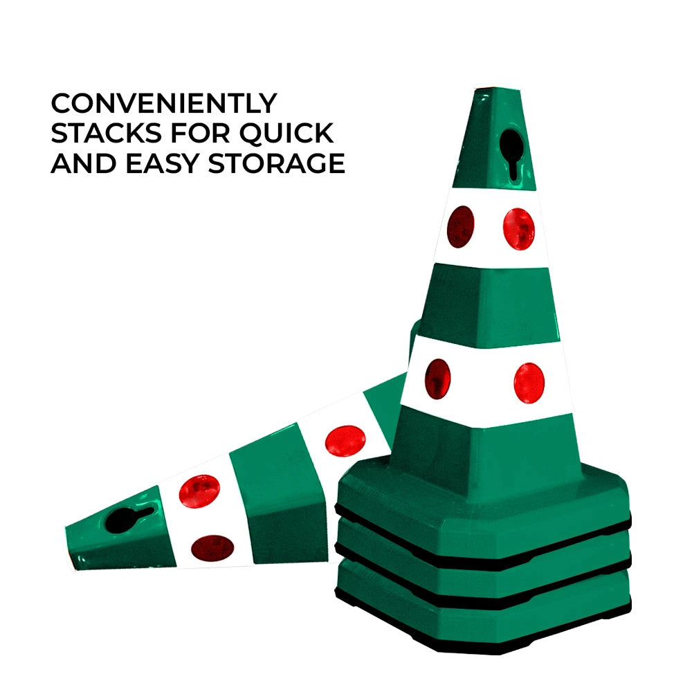 Green and white traffic safety cones with red reflective dots, 