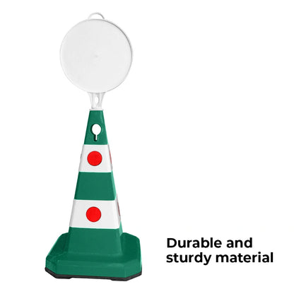 A green and white traffic safety cone 