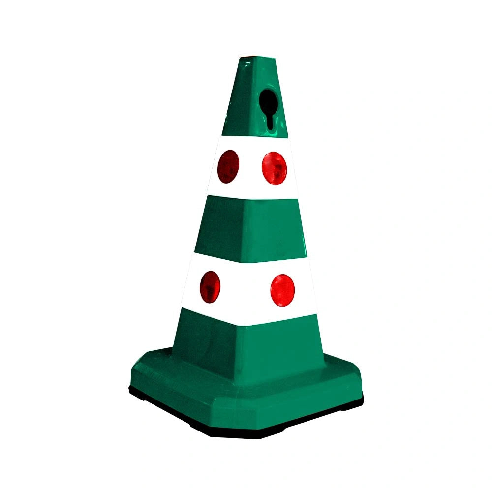 A green and white traffic safety cone .
