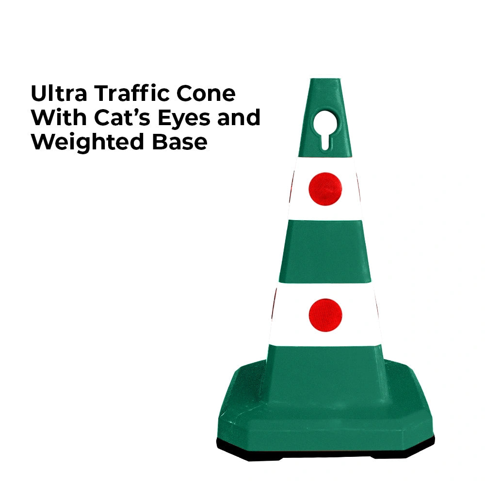 A green and white traffic cone with red reflective circles