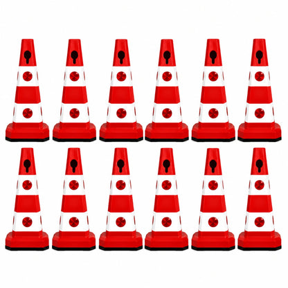 Twelve red and white traffic cones 