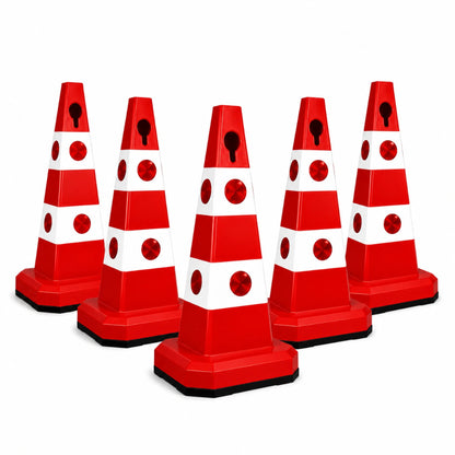 Five red and white traffic safety cones 