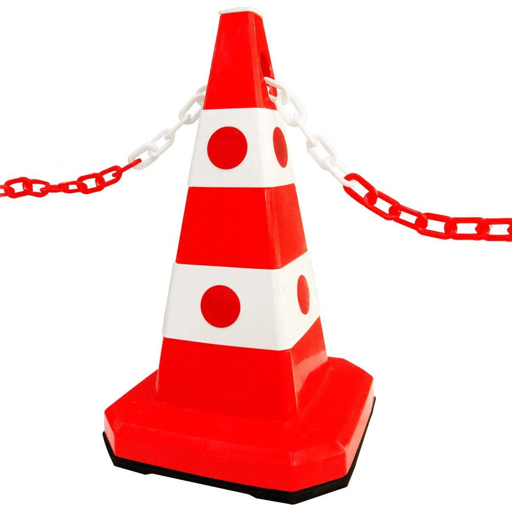 A red and white traffic safety cone with reflective stripes and a red-and-white chain attached near the top, 