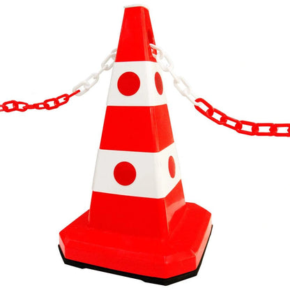 A red and white traffic safety cone with reflective stripes and a red-and-white chain attached near the top, 