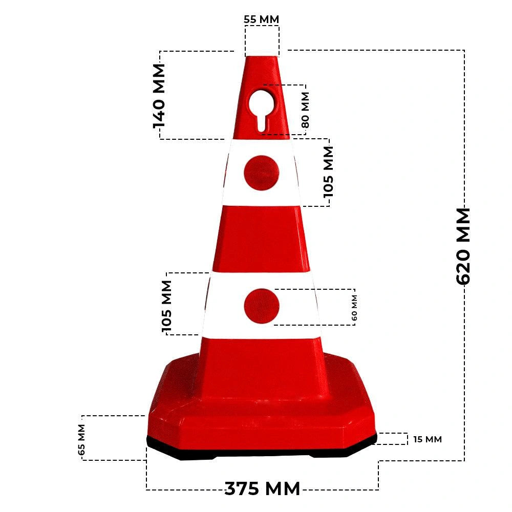A red and white traffic safety cone with overlaid dimension