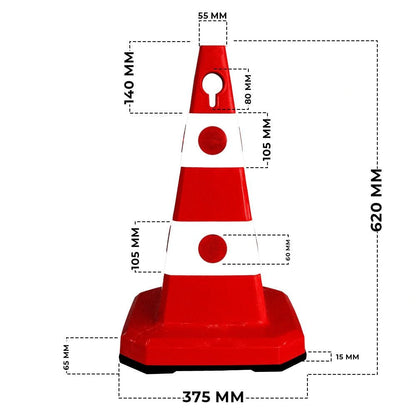 A red and white traffic safety cone with overlaid dimension