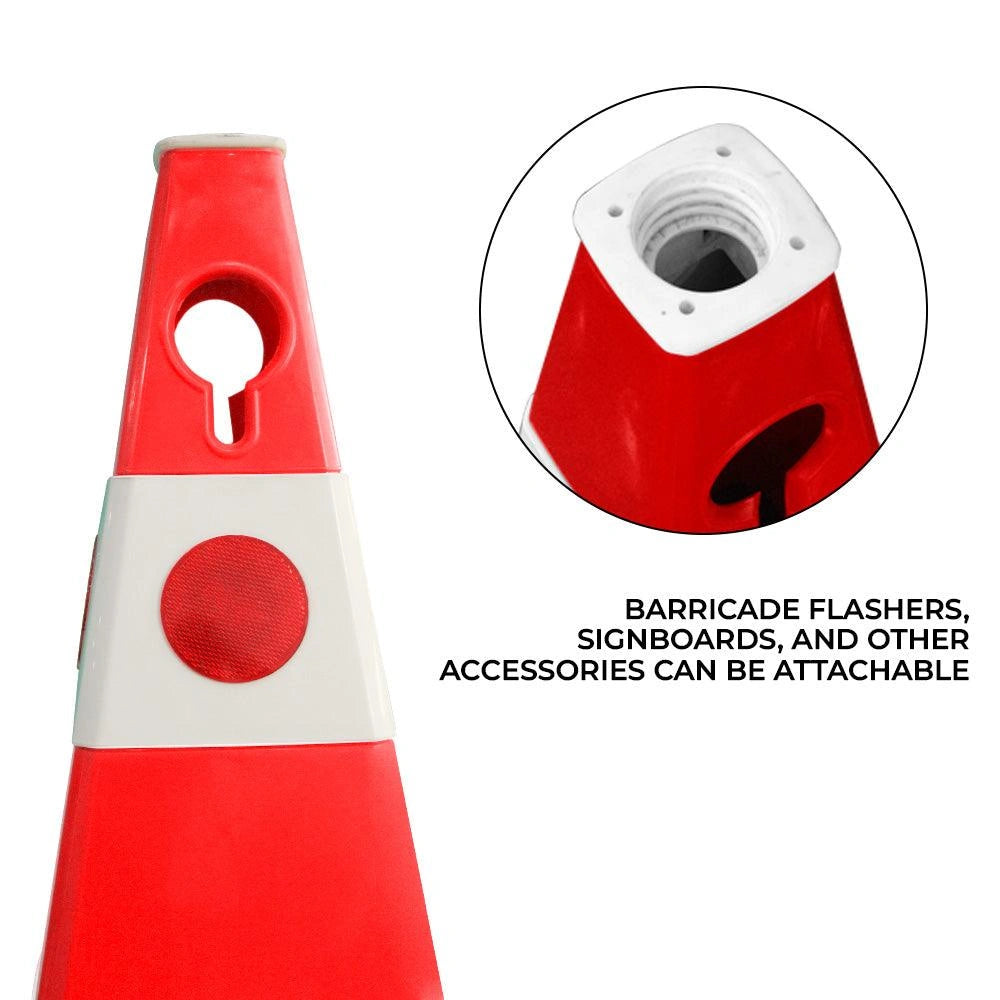 A red and white traffic barricade cone 