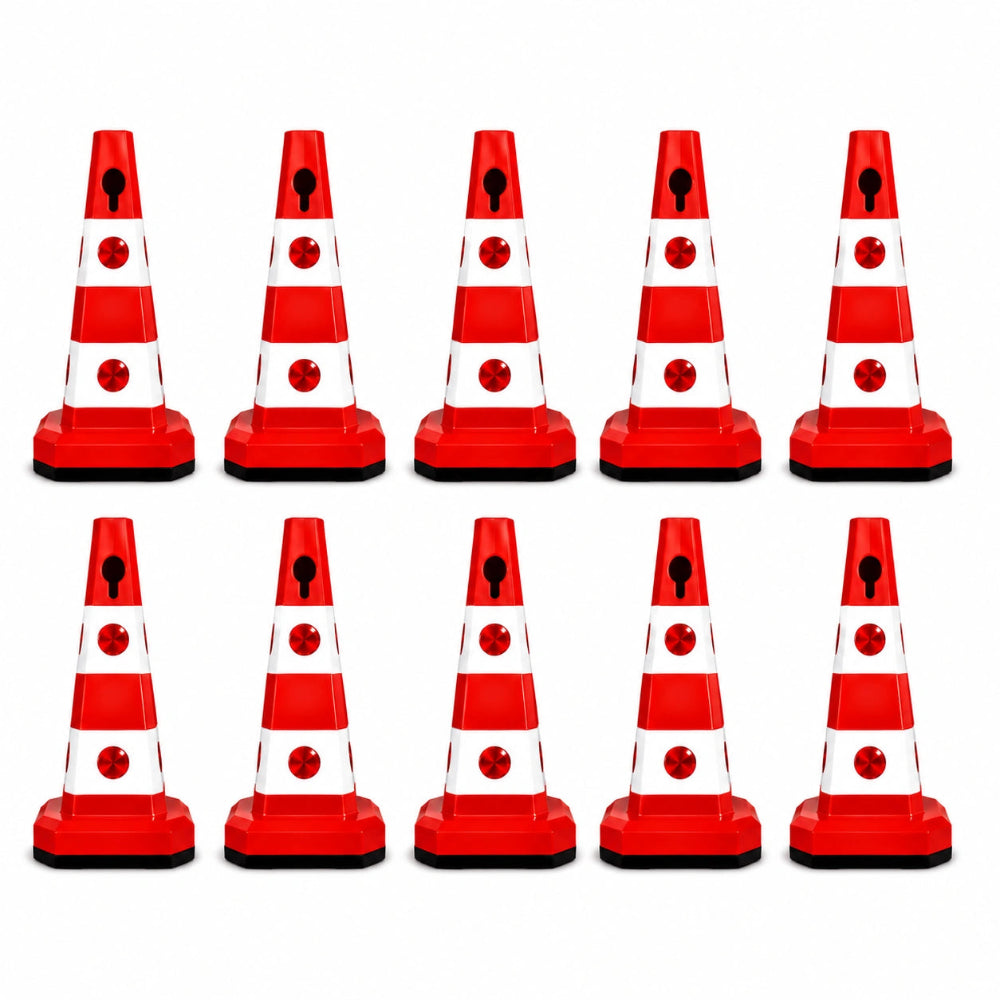 Ten red and white striped traffic safety cones 