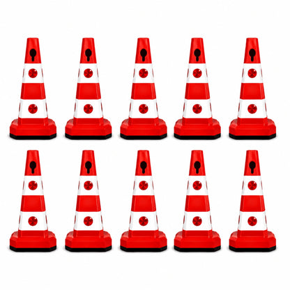 Ten red and white striped traffic safety cones 