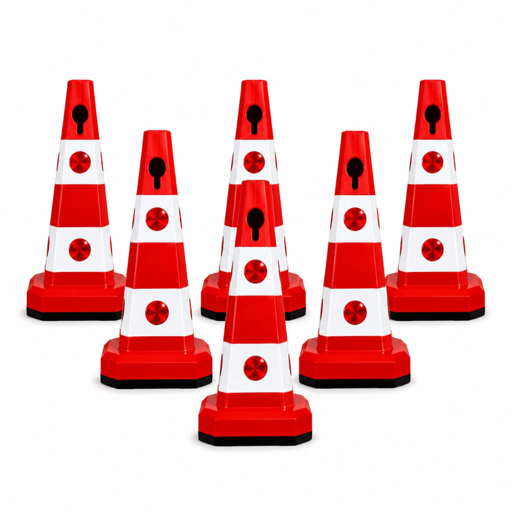 Six red and white traffic safety cones 