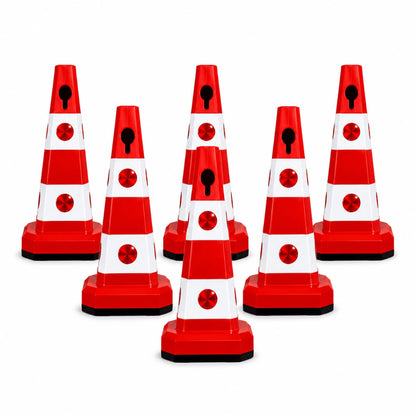 Six red and white traffic safety cones 