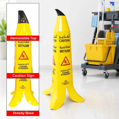 Yellow banana-shaped wet floor caution sign 