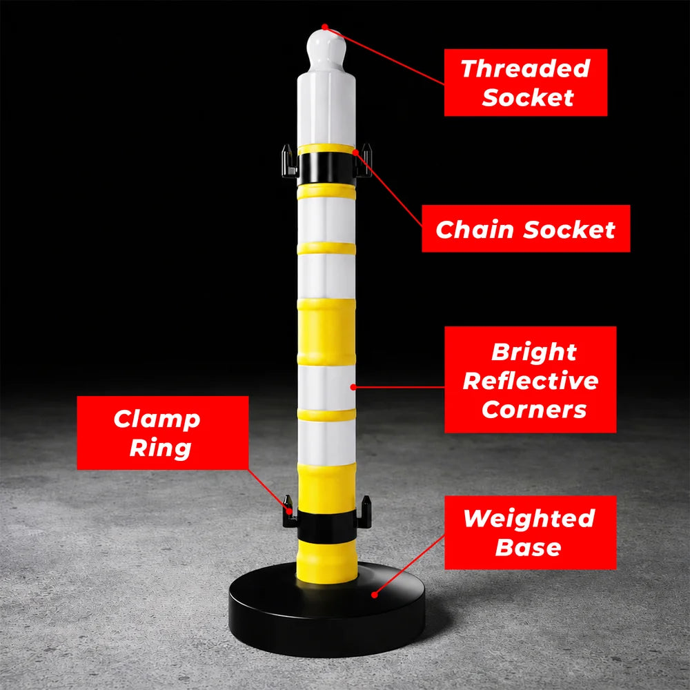 Yellow post modular safety barrier with sign panel for temporary safety zones