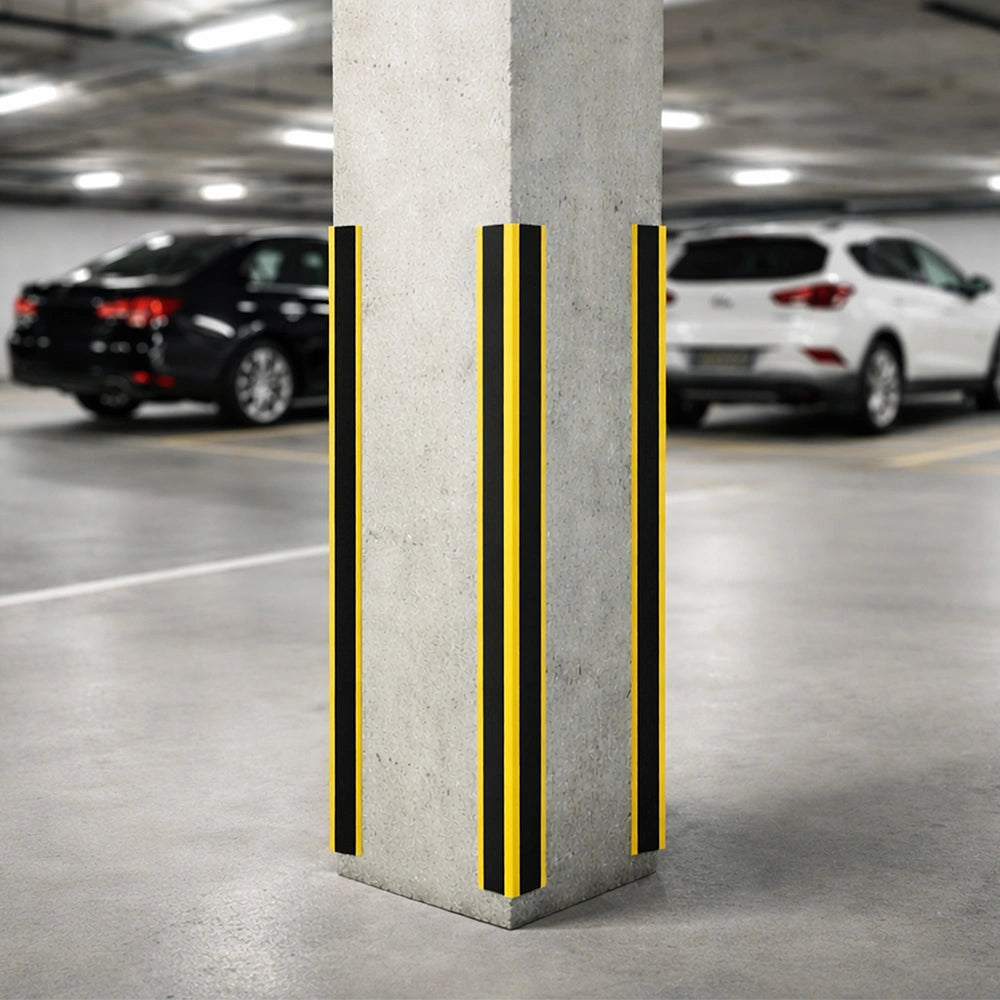Three vertical black and yellow striped protective guard 