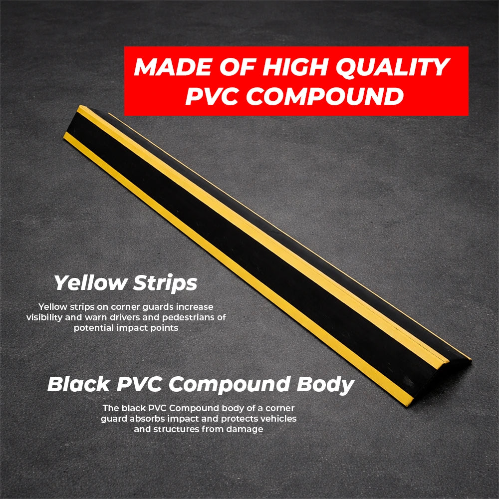 A black PVC corner guard with yellow warning stripes 