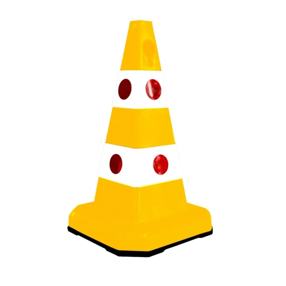 A yellow and white traffic safety cone 