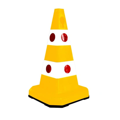 A yellow and white traffic safety cone 